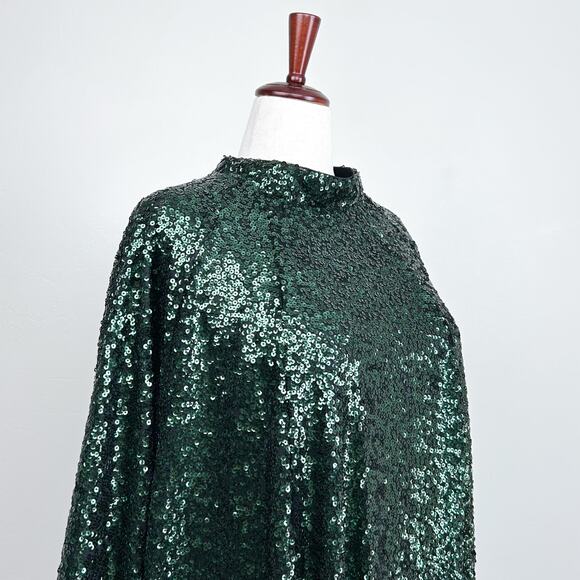 H&M Green Sequin Long Sleeve A-Line Mock Neck Mini Dress NWT - Picture 7 of 11